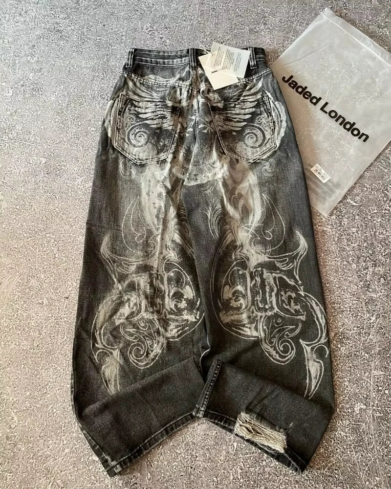 Embroidered Wide Leg Baggy Jeans